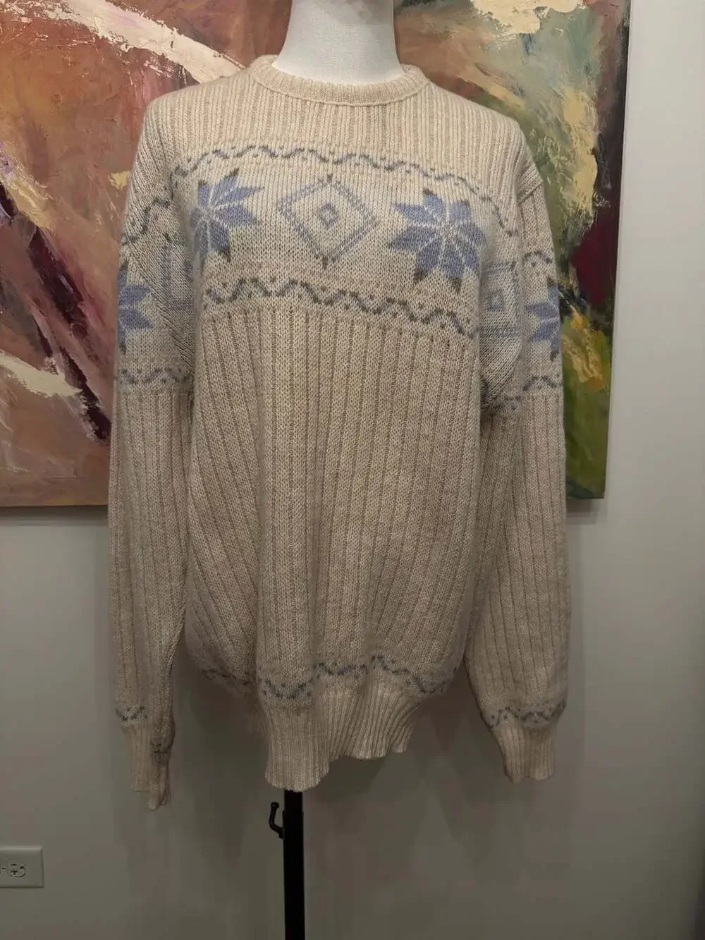 Vintage Robert Bruce Crew Neck Snowflake Fair Isle Wool Blend Sweater L unisex